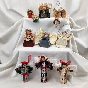 Vintage Christmas Angels • Lot of 11 • Fabric Wood & Painted • USA Made Small